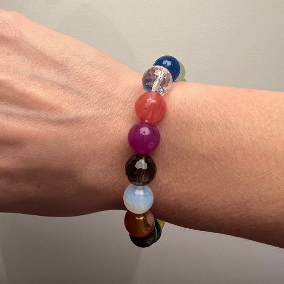 Semiprecious gemstone rainbow round bead chunky bauble beaded stacking bracelet - Picture 9 of 17